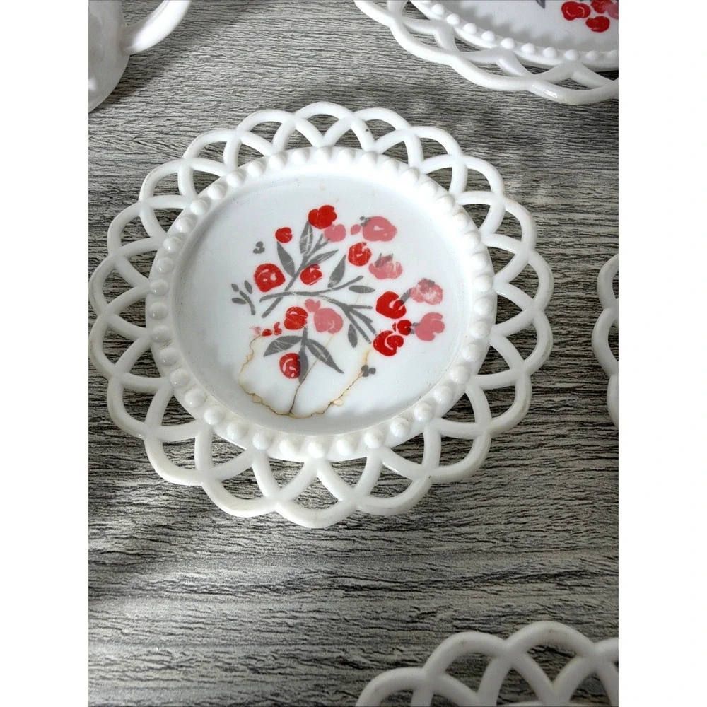 Vtg 1960's Plastic White Lattice & Hobnail Pink Dogwood Toy Dishes Tea Set 17 Pc